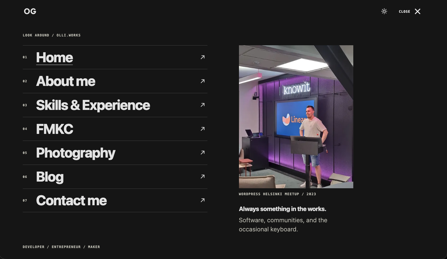 New menu with numbered page links on the left and an event photo, caption, and preview text on the right
