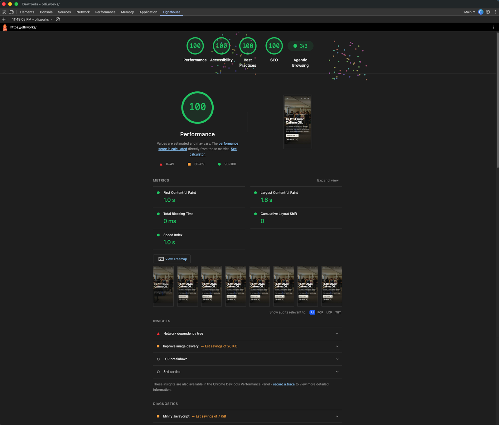 New design mobile Lighthouse report with four 100 scores, 1.6 second LCP, and zero blocking time