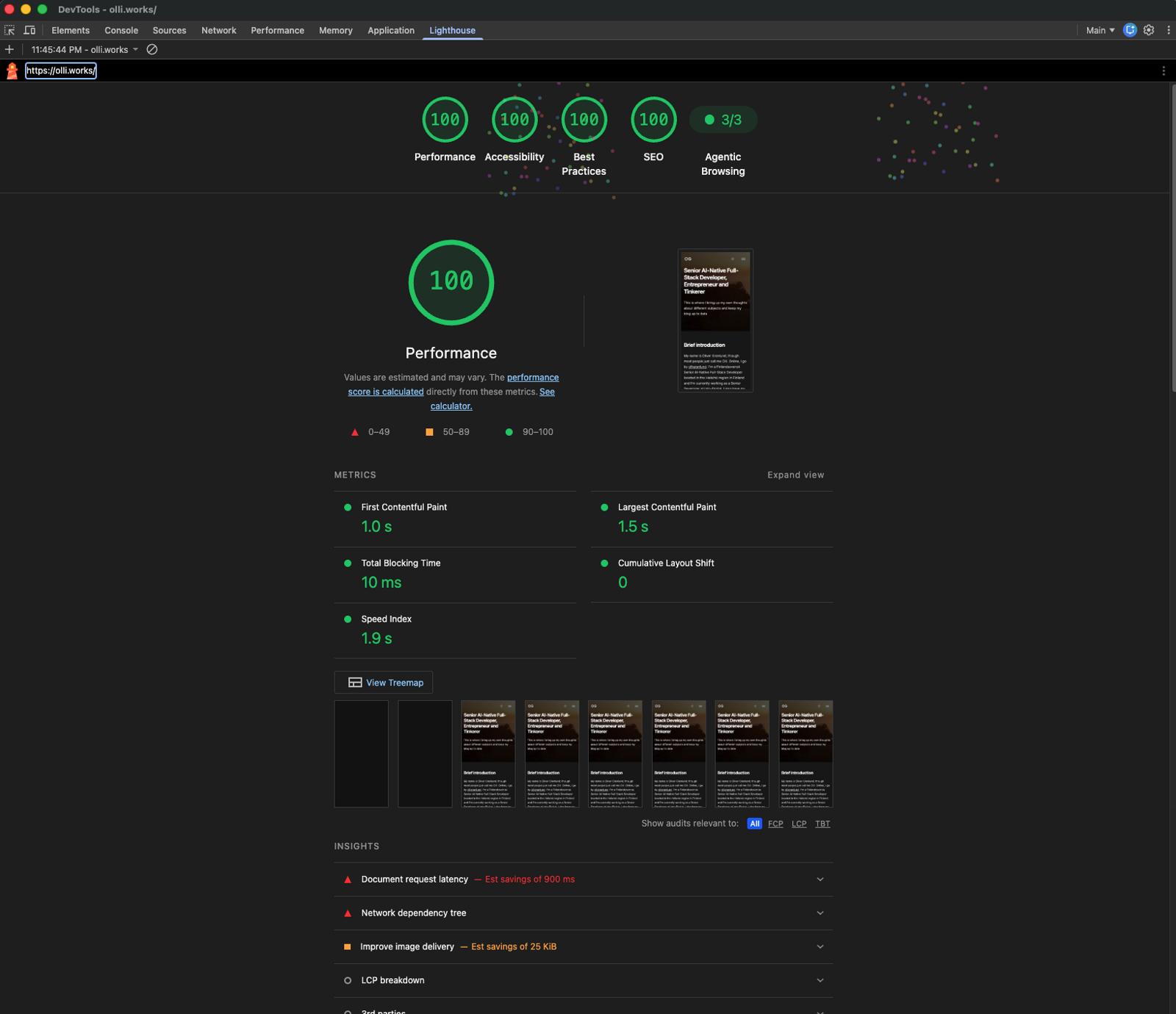 Old design mobile Lighthouse report with four 100 scores, 1.5 second LCP, and 10 millisecond blocking time