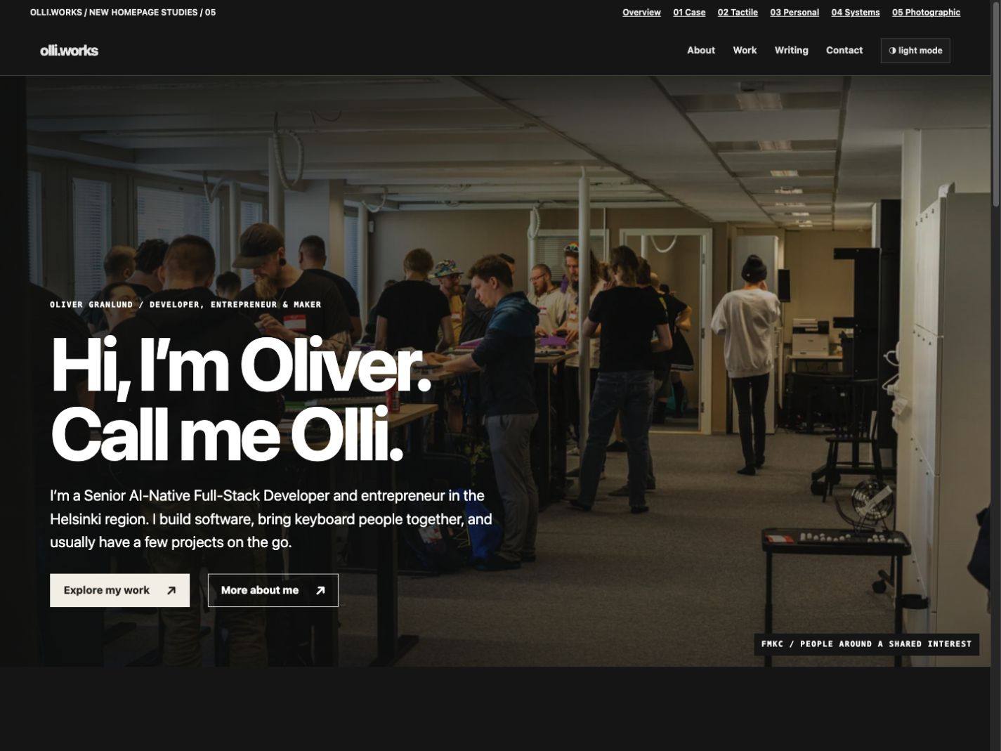 Photographic homepage prototype with a keyboard meetup hero photo, an introduction to Oliver, and two buttons