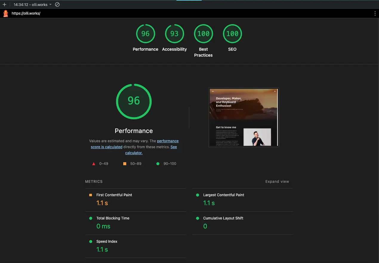 Google Lighthouse metrics on the old Hugo-based olli.works site