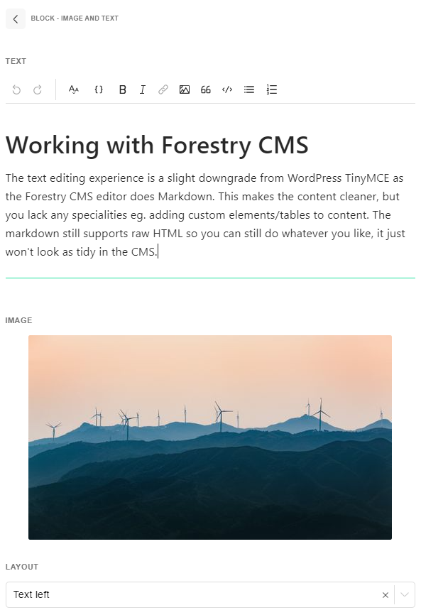 Example of a block edited with Forestry CMS