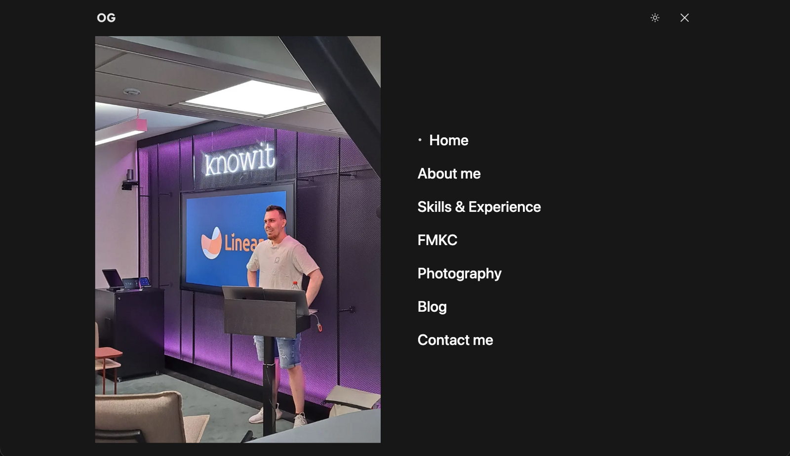 Old olli.works menu with an event photo on the left and page links on the right