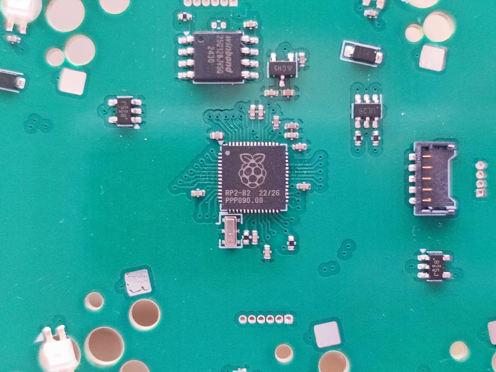 Closeup photo of the RP2040 on a Neito Rev. 2 prototype PCB