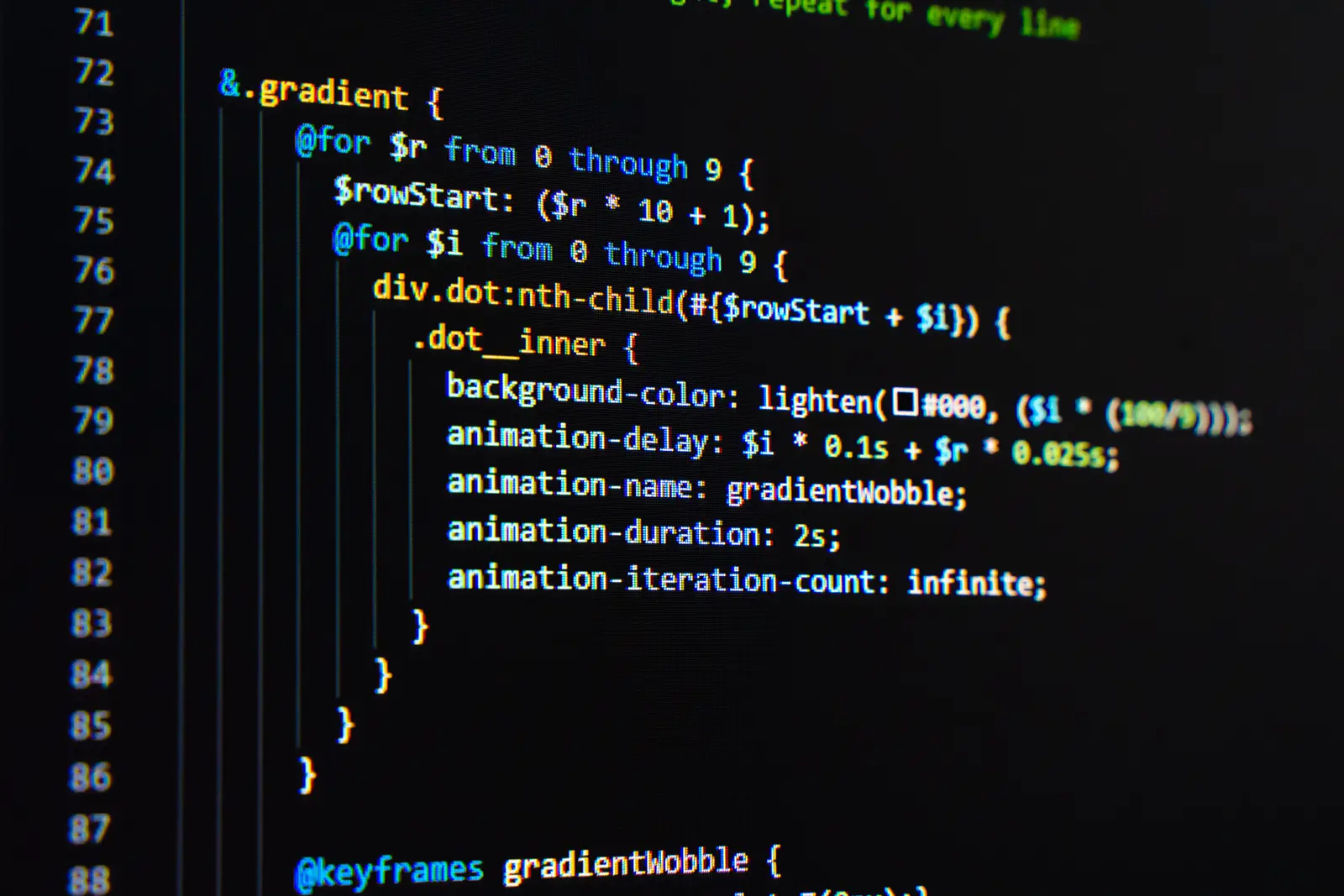 Screenshot of some SCSS code targetting various element with math