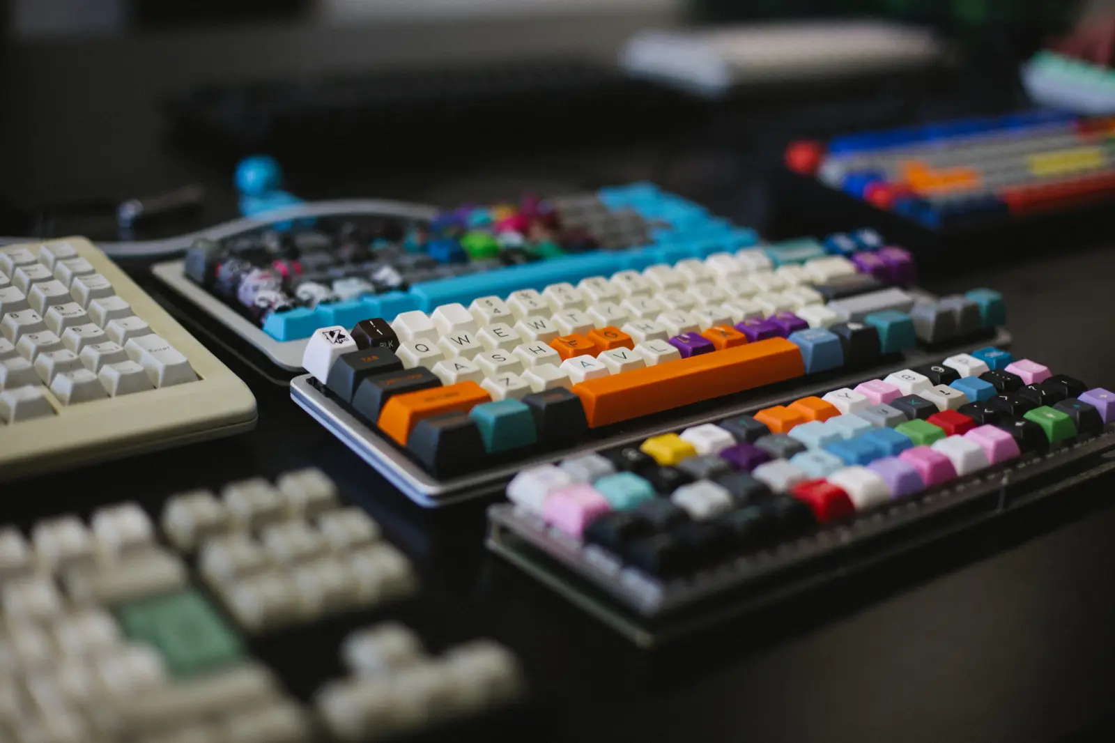 Colorful mechanical keyboards at a meetup