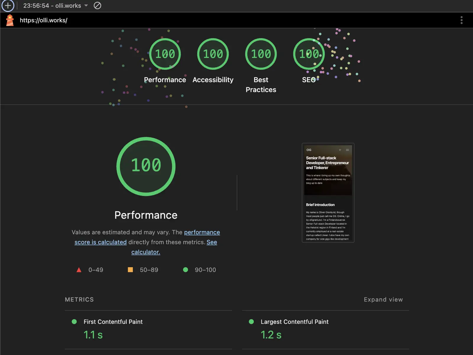 Google Lighthouse mobile metrics on the new olli.works site