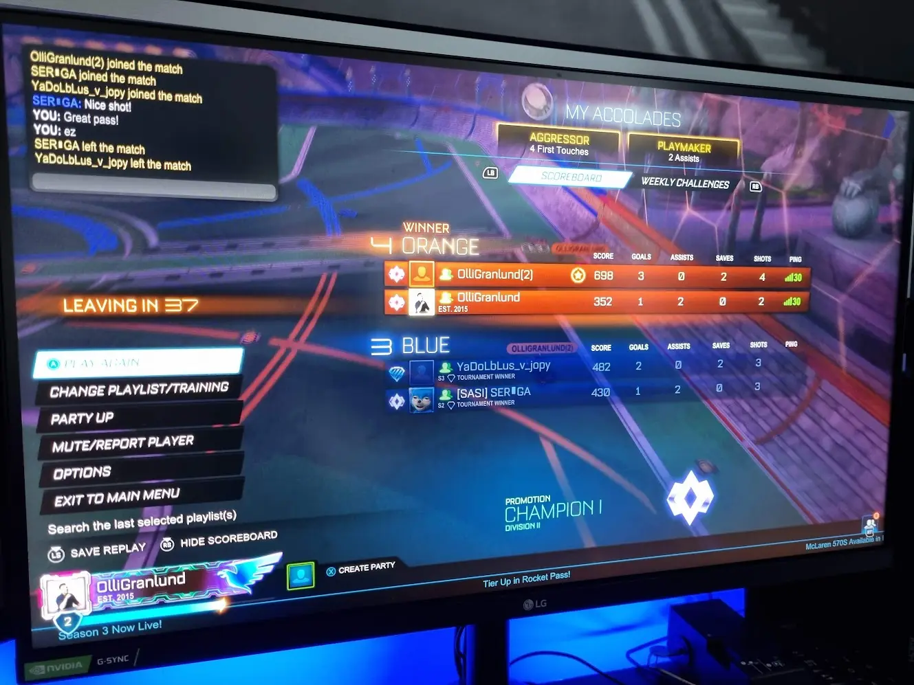 A screenshot of Rocket League match end screen