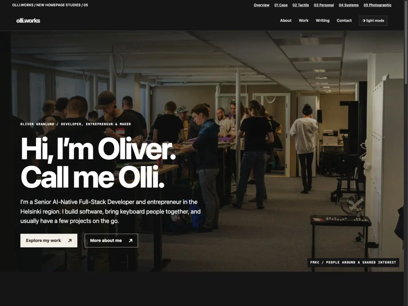 Photographic homepage prototype with a keyboard meetup hero photo, an introduction to Oliver, and two buttons