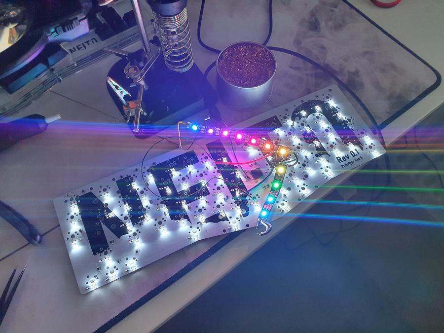 Photo of leds and underglow working on Neito PCB, note that all leds are from normal soldered to bottom rather than top.